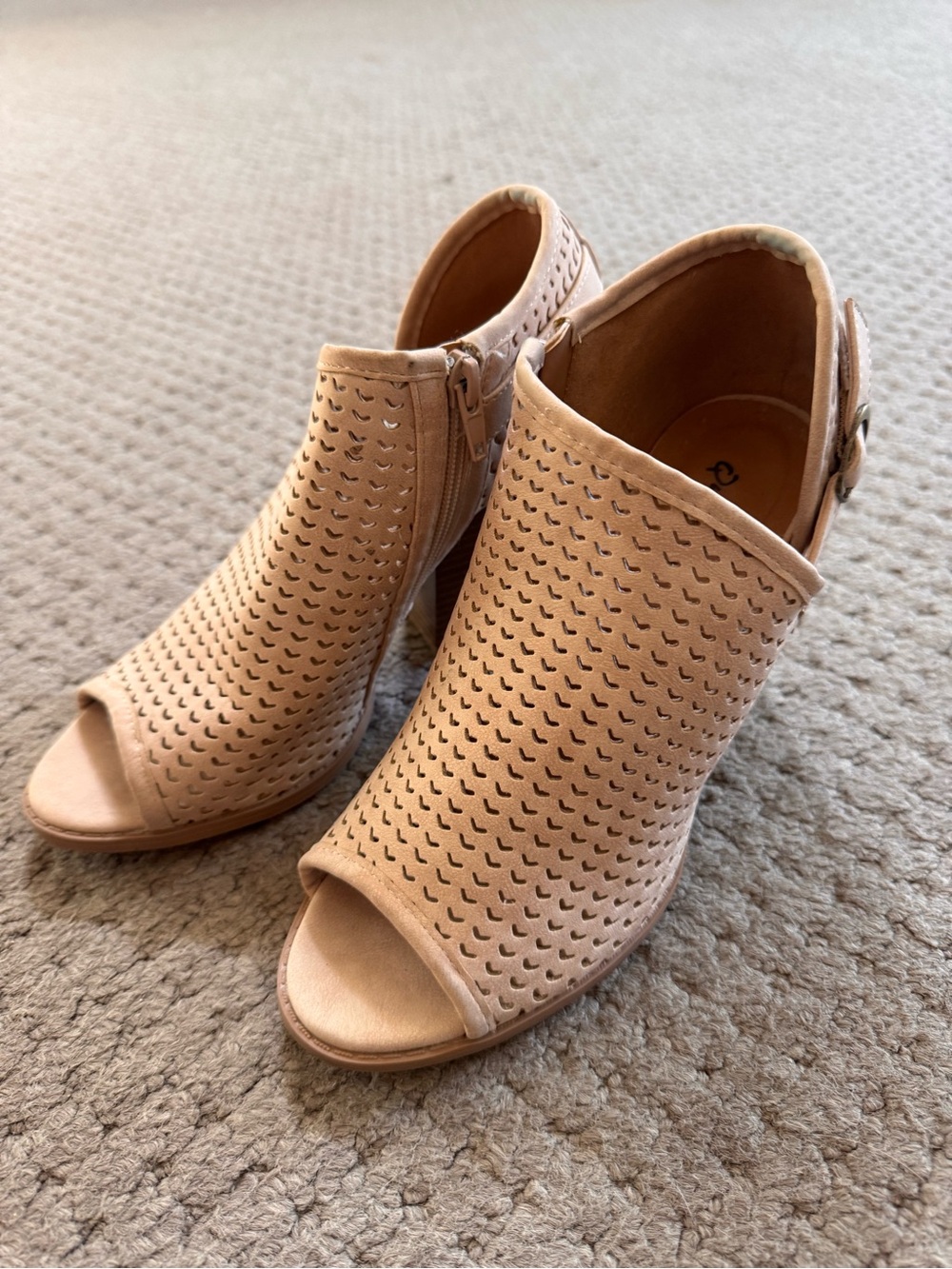 Qupid Nude Peep-Toe Perforated Heeled Booties